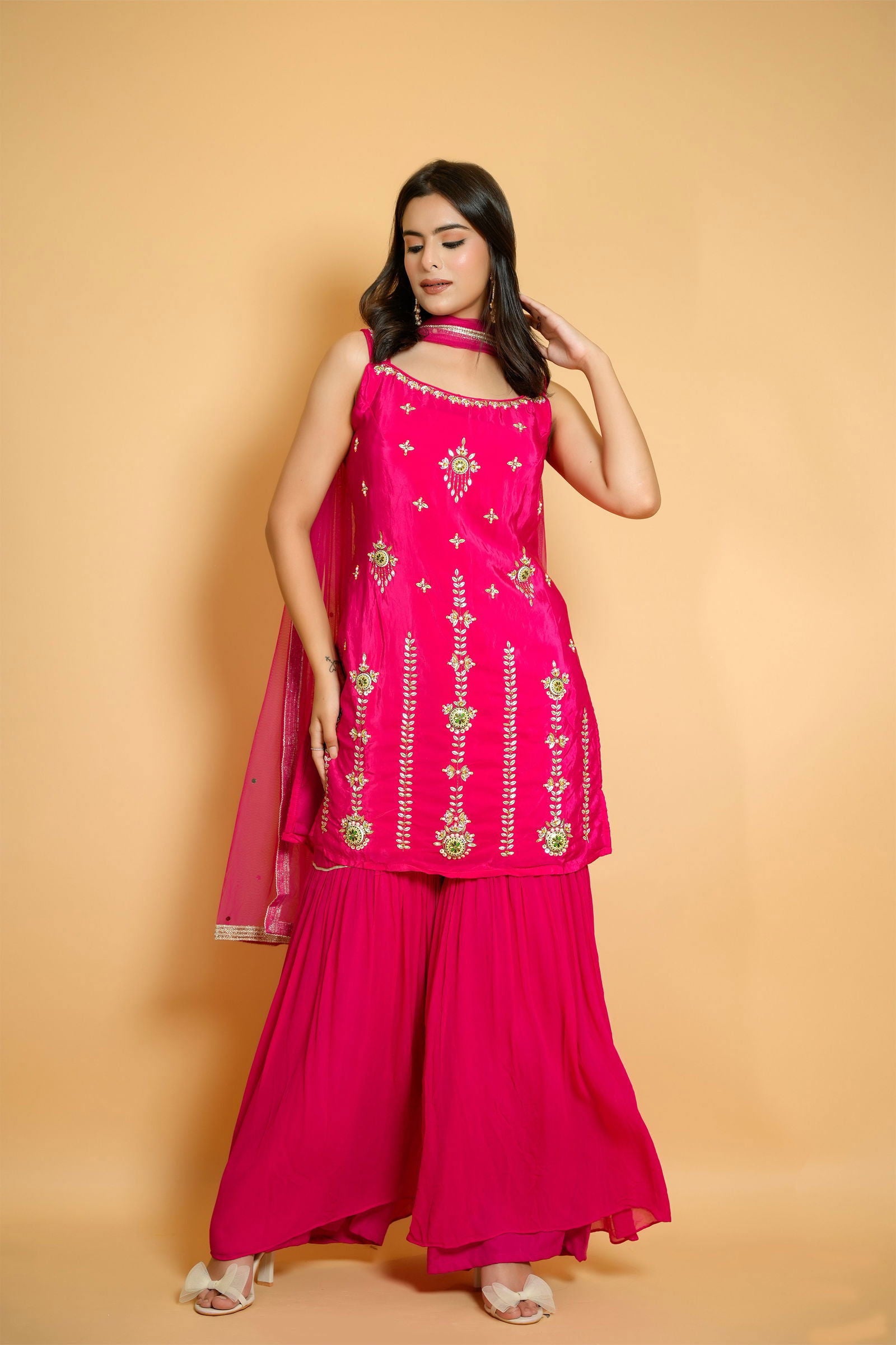 Handwork Hot Pink Crepe Garara Silk Suit - Mayrake.in