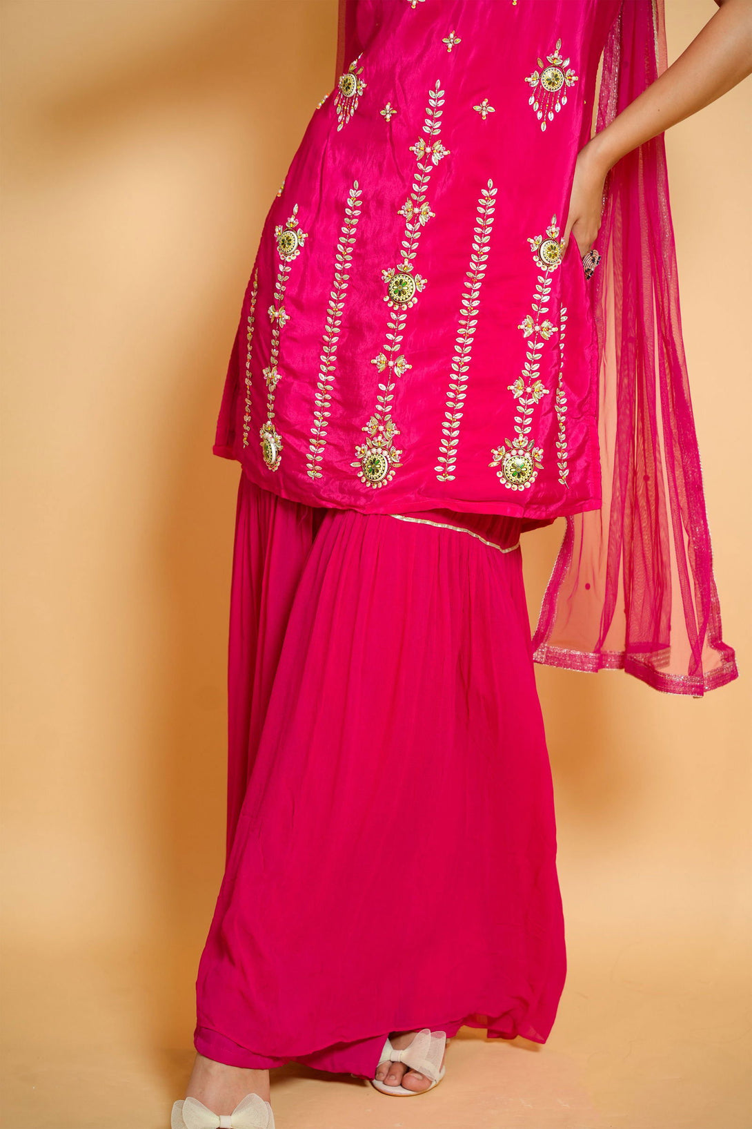 Handwork Hot Pink Crepe Garara Silk Suit - Mayrake.in