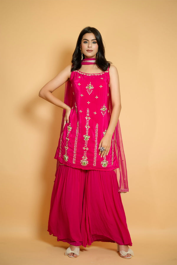 Handwork Hot Pink Crepe Silk Suit with Garara and Dupatta - Mayrake