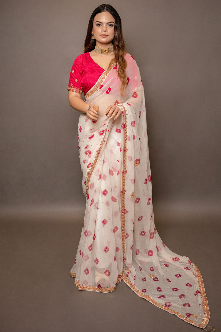 Handwork Ivory Cream and Pink Chiffon Saree with Butti Print and Sequin Embroidery with Stitched Designer Blouse - Mayrake