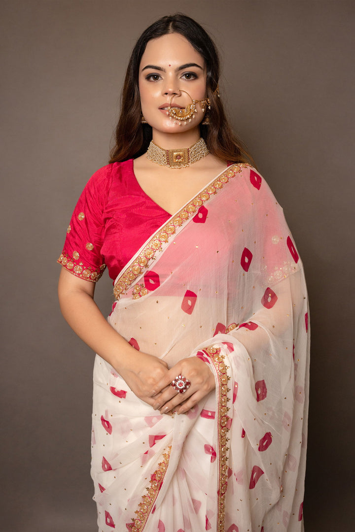 Handwork Ivory Cream and Pink Chiffon Saree with Butti Print and Sequin Embroidery with Stitched Designer Blouse - Mayrake