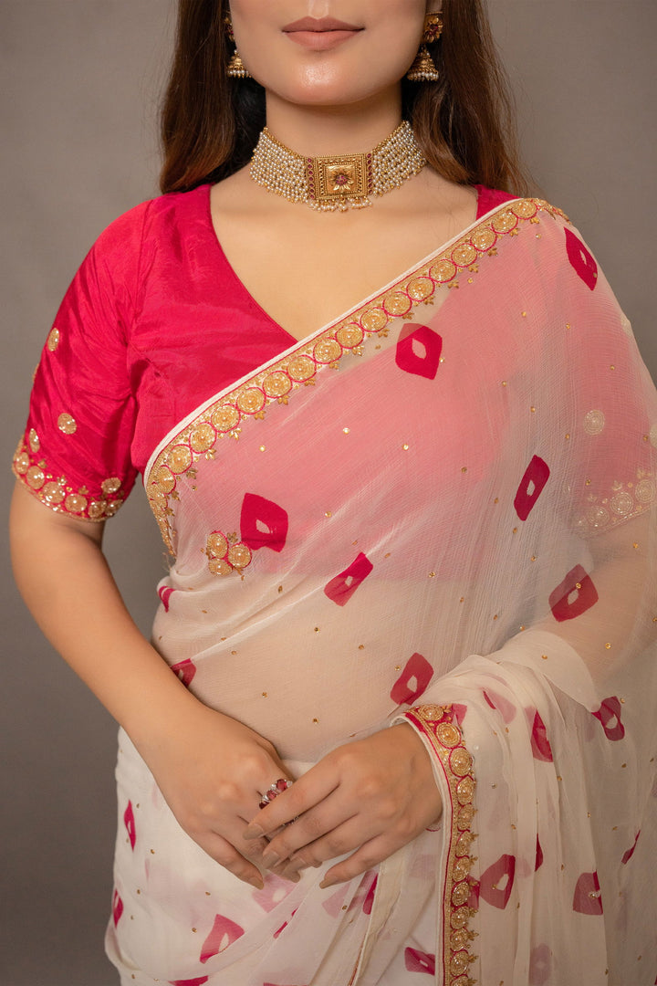 Handwork Ivory Cream and Pink Chiffon Saree with Butti Print and Sequin Embroidery with Stitched Designer Blouse - Mayrake