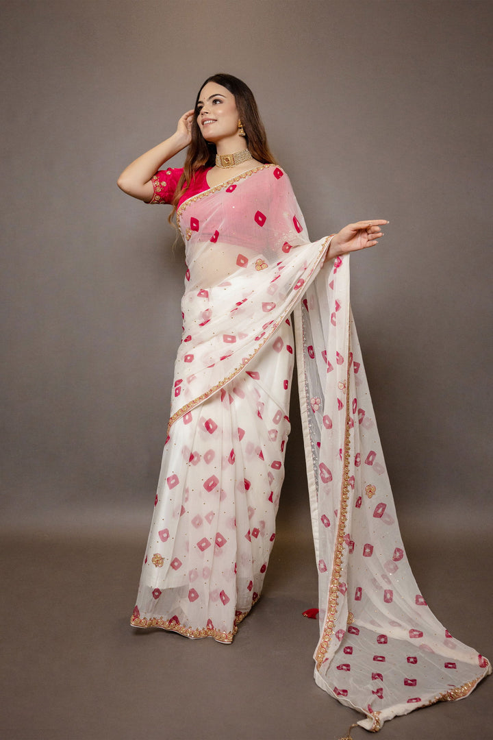 Handwork Ivory Cream and Pink Chiffon Saree with Butti Print and Sequin Embroidery with Stitched Designer Blouse - Mayrake