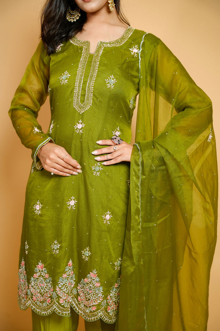 Handwork Lime Green Multi-Thread Stone Work Organza Suit with Solid Pant and Dupatta - Mayrake