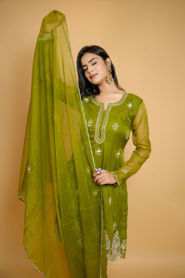 Handwork Lime Green Multi-Thread Stone Work Organza Suit with Solid Pant and Dupatta - Mayrake
