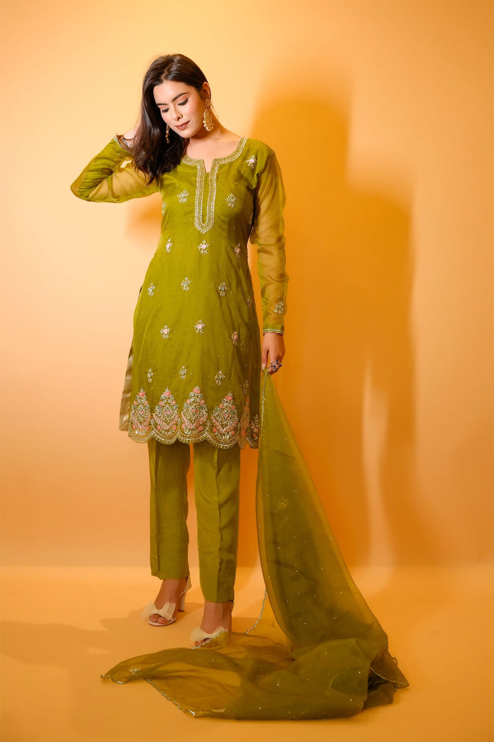 Handwork Lime Green Multi-Thread Stone Work Organza Suit with Solid Pant and Dupatta - Mayrake