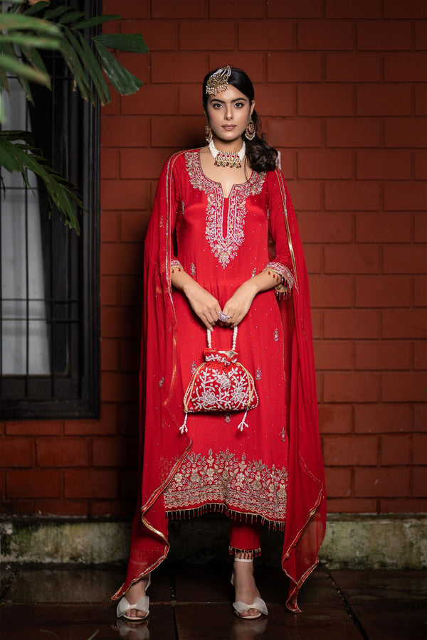 Handwork Red Heavy Zardosi Pearl Suit with Solid Pants and Dupatta - Mayrake