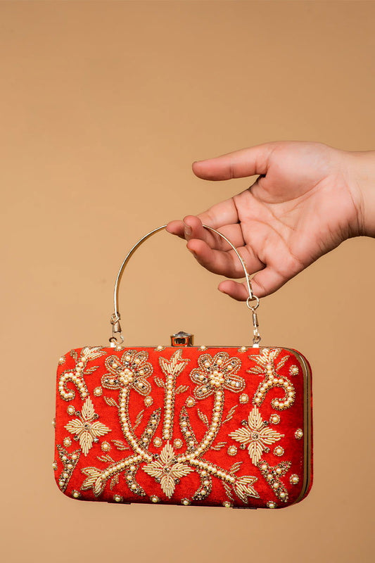 Handwork Red Pearl Zardosi Work Clutch with Handle and Velvet Base - Mayrake.in