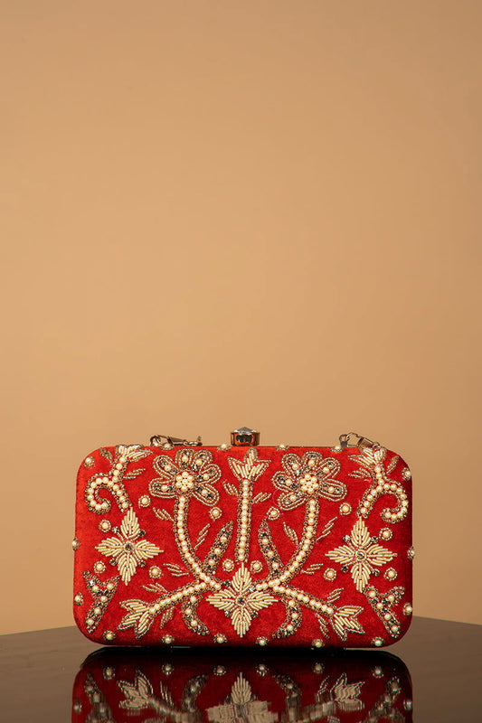Handwork Red Pearl Zardosi Work Clutch with Handle and Velvet Base - Mayrake.in