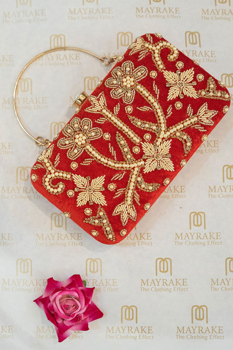 Handwork Red Pearl Zardosi Work Clutch with Handle and Velvet Base - Mayrake.in