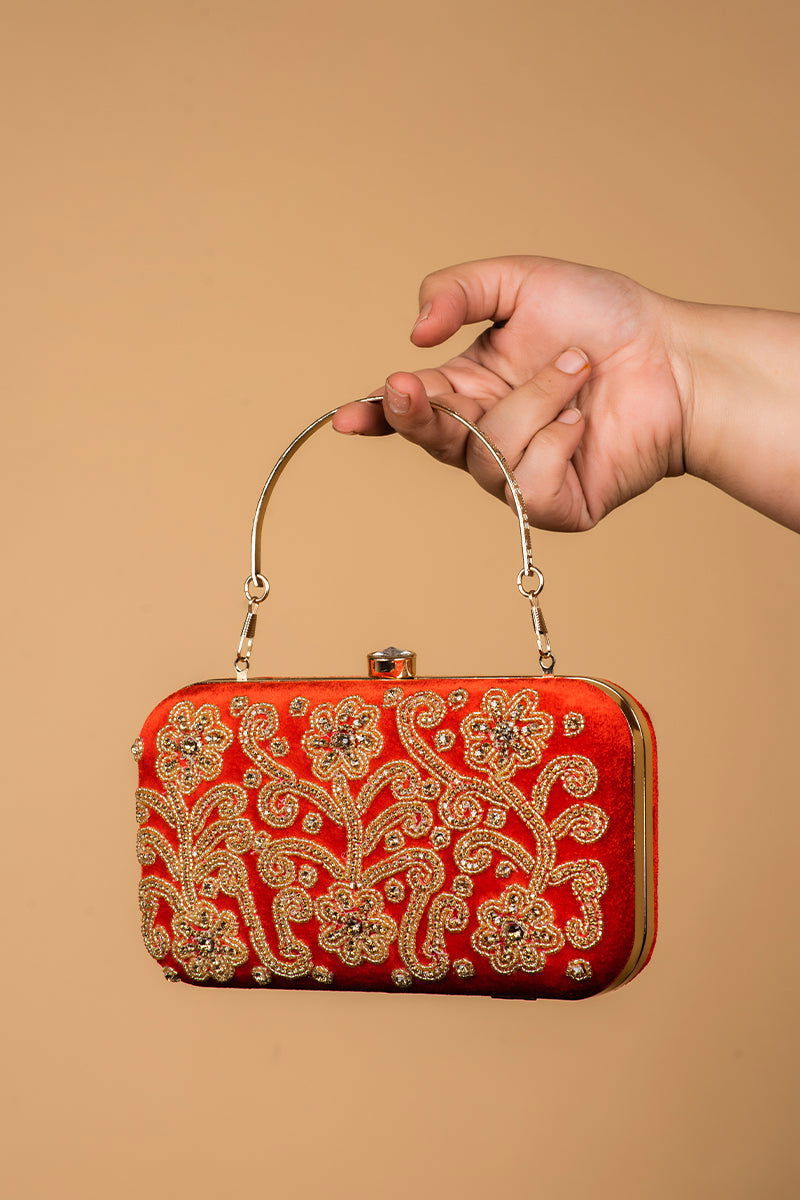 Handwork Red Pearl Zardozi Work Clutch with Handle and Velvet Base - Mayrake.in