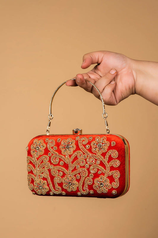 Handwork Red Pearl Zardozi Work Clutch with Handle and Velvet Base - Mayrake.in
