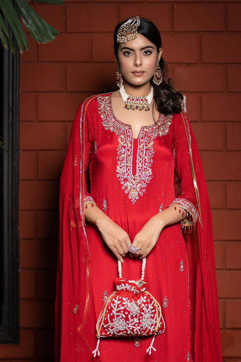 Handwork Red Pearl and Bead Potli with Pearl Handle and Velvet Base - Mayrake.in