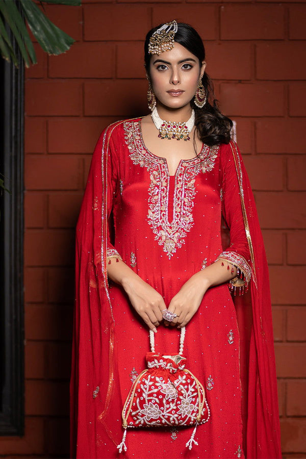 Handwork Red Pearl and Bead Potli with Pearl Handle and Velvet Base - Mayrake.in