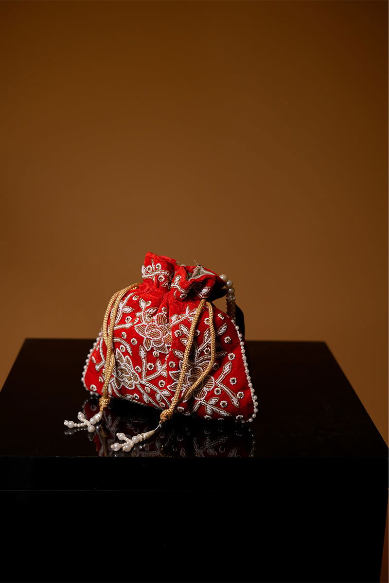 Handwork Red Pearl and Bead Potli with Pearl Handle and Velvet Base - Mayrake.in