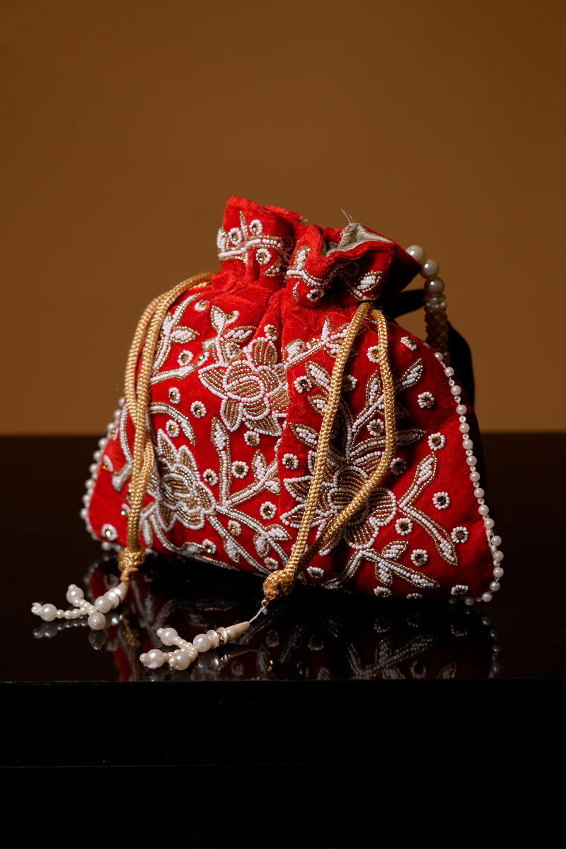 Handwork Red Pearl and Bead Potli with Pearl Handle and Velvet Base - Mayrake.in
