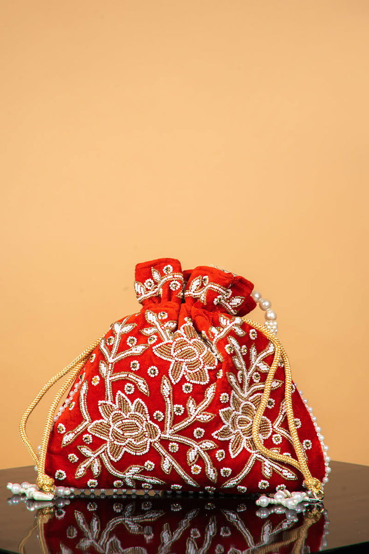 Handwork Red Pearl and Bead Potli with Pearl Handle and Velvet Base - Mayrake.in