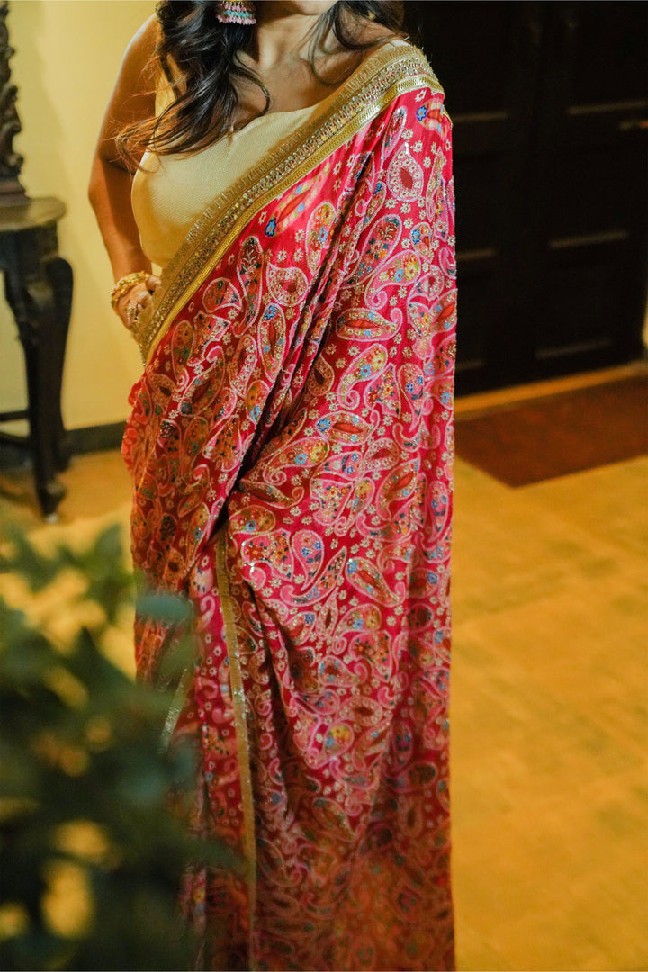 Hot Pink Chiffon Saree with Zari Overall Work and Heavy Lace Border - Mayrake