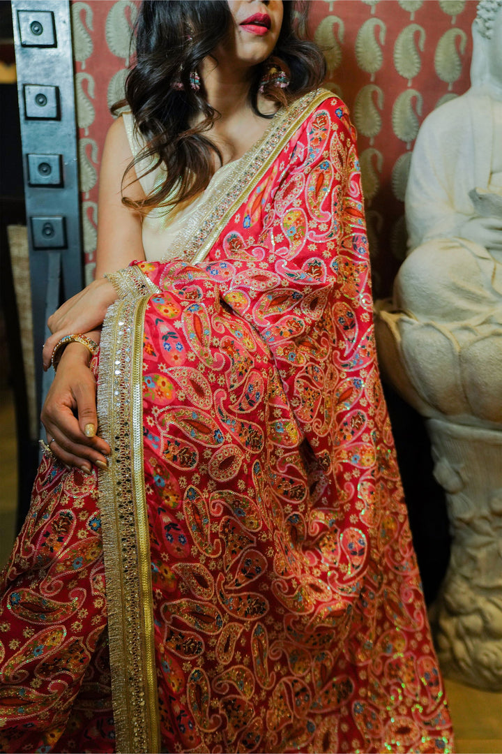 Hot Pink Chiffon Saree with Zari Overall Work and Heavy Lace Border - Mayrake