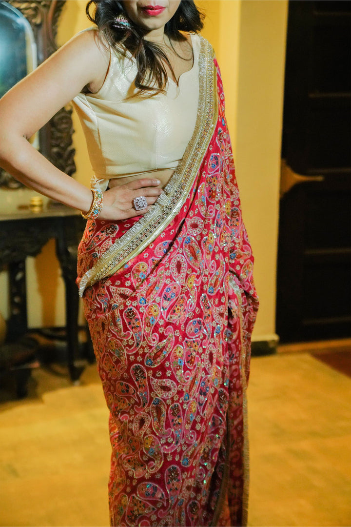 Hot Pink Chiffon Saree with Zari Overall Work and Heavy Lace Border - Mayrake