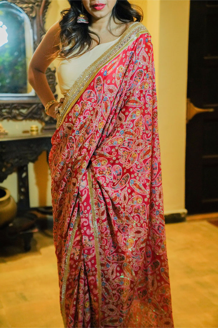 Hot Pink Chiffon Saree with Zari Overall Work and Heavy Lace Border - Mayrake