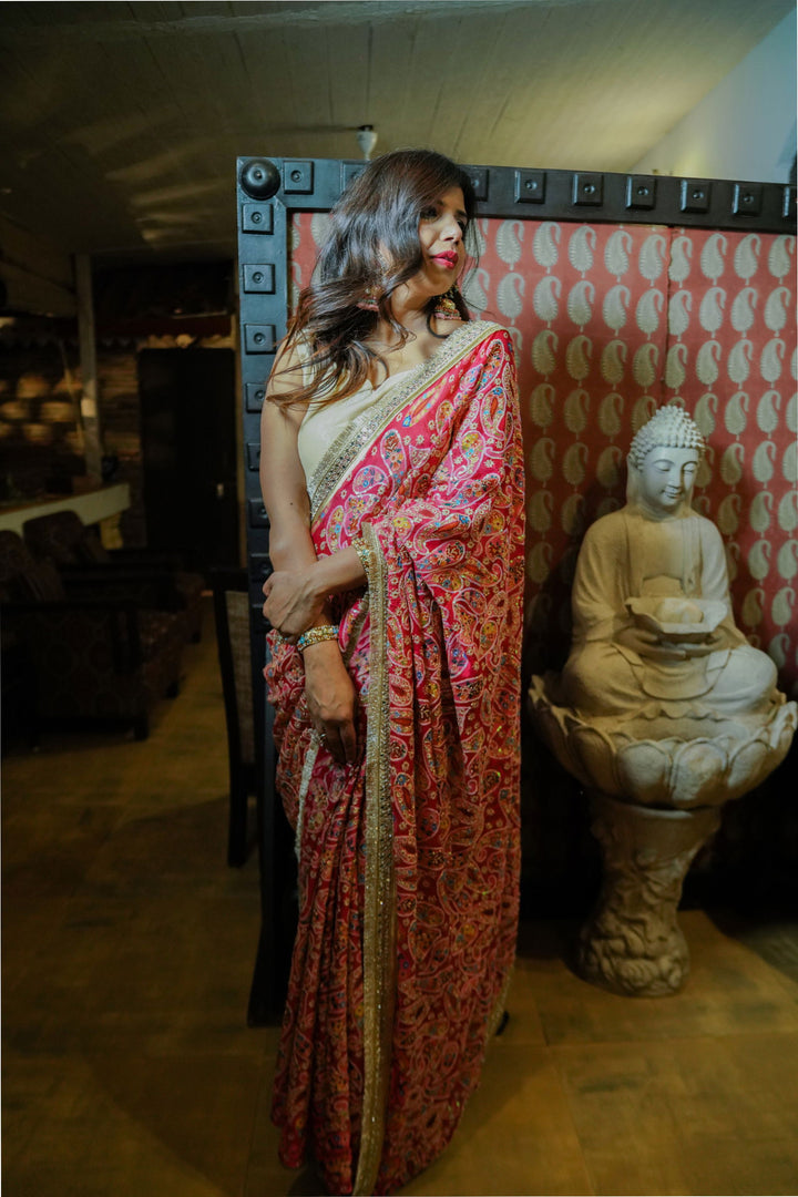 Hot Pink Chiffon Saree with Zari Overall Work and Heavy Lace Border - Mayrake
