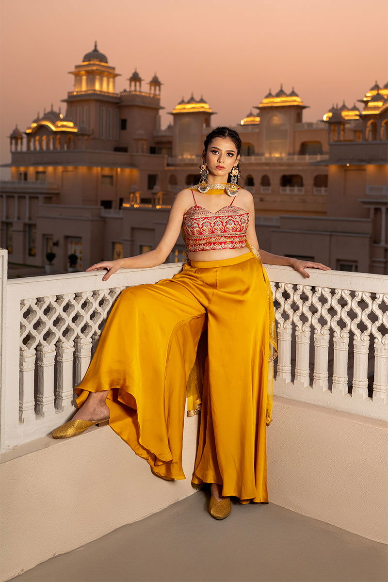 Hot Pink Embroidered Satin Tank Top with Yellow Palazzo Pants and Net Chunni - Mayrake.in