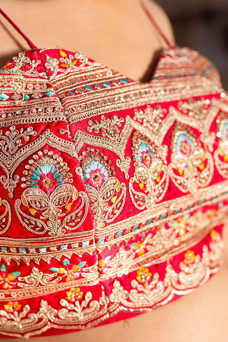 Hot Pink Embroidered Satin Tank Top with Yellow Palazzo Pants and Net Chunni - Mayrake.in