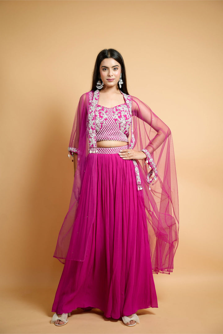 Hot Pink Georgette Crop Top with Belted Palazzo Pants and Net Shrug - Mayrake