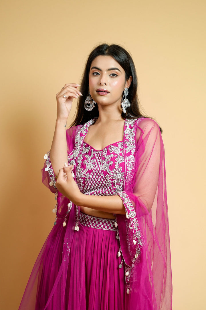 Hot Pink Georgette Crop Top with Belted Palazzo Pants and Net Shrug - Mayrake