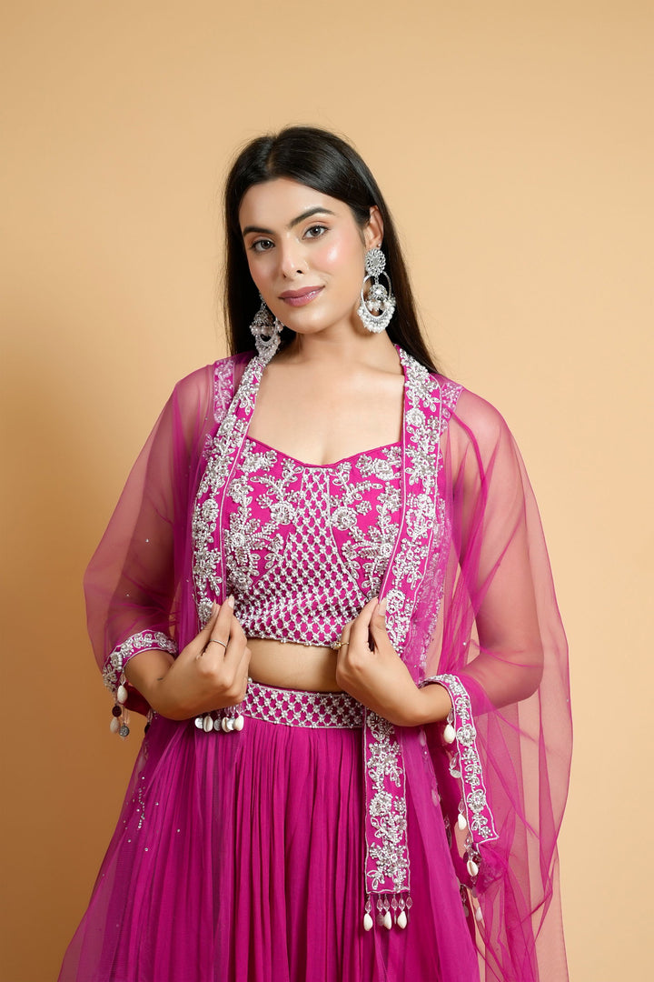 Hot Pink Georgette Crop Top with Belted Palazzo Pants and Net Shrug - Mayrake