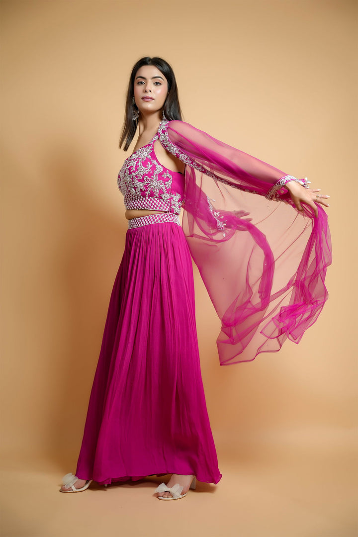 Hot Pink Georgette Crop Top with Belted Palazzo Pants and Net Shrug - Mayrake