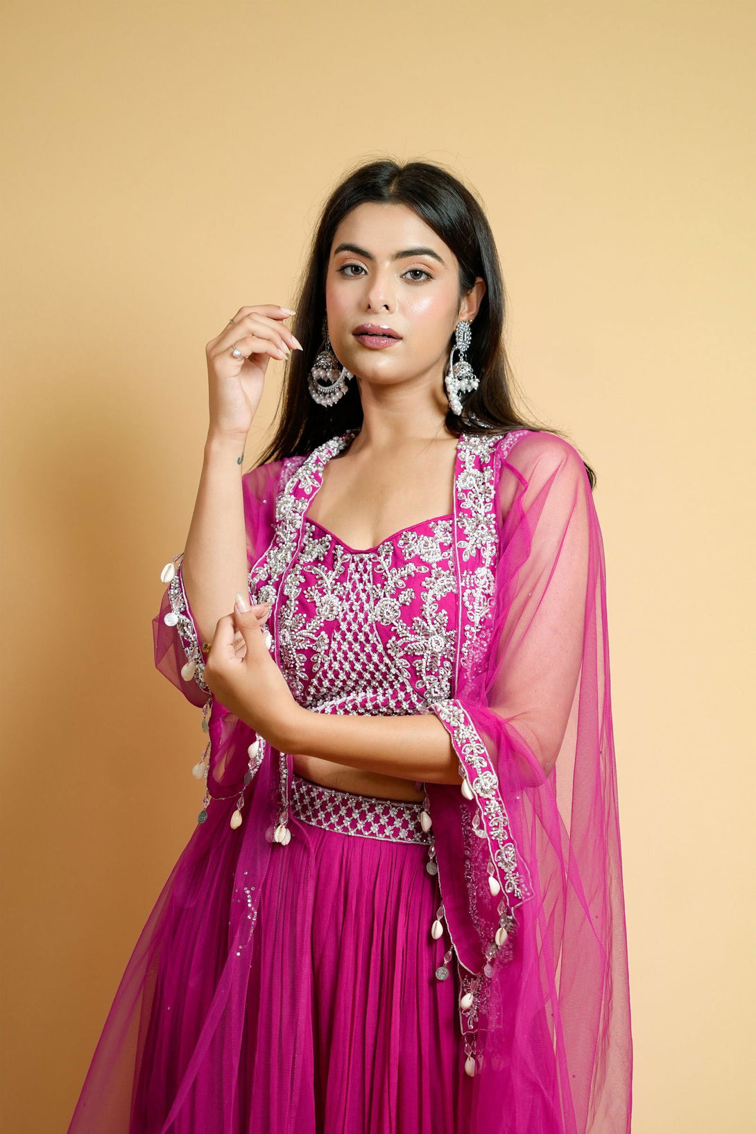 Hot Pink Georgette Crop Top with Belted Palazzo Pants and Net Shrug - Mayrake.in