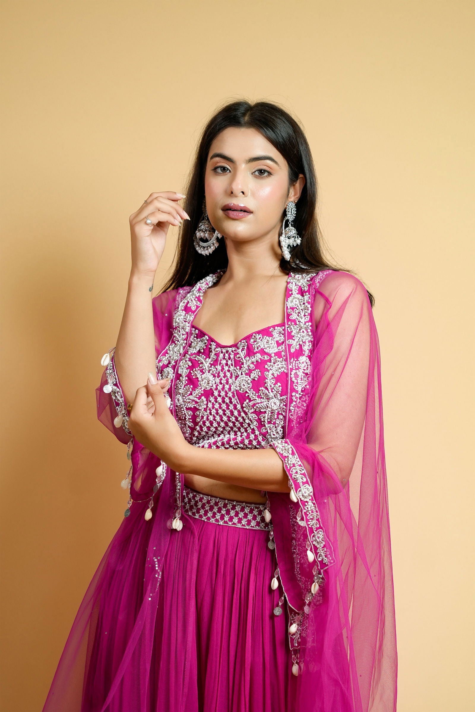 Hot Pink Georgette Crop Top with Belted Palazzo Pants and Net Shrug - Mayrake.in