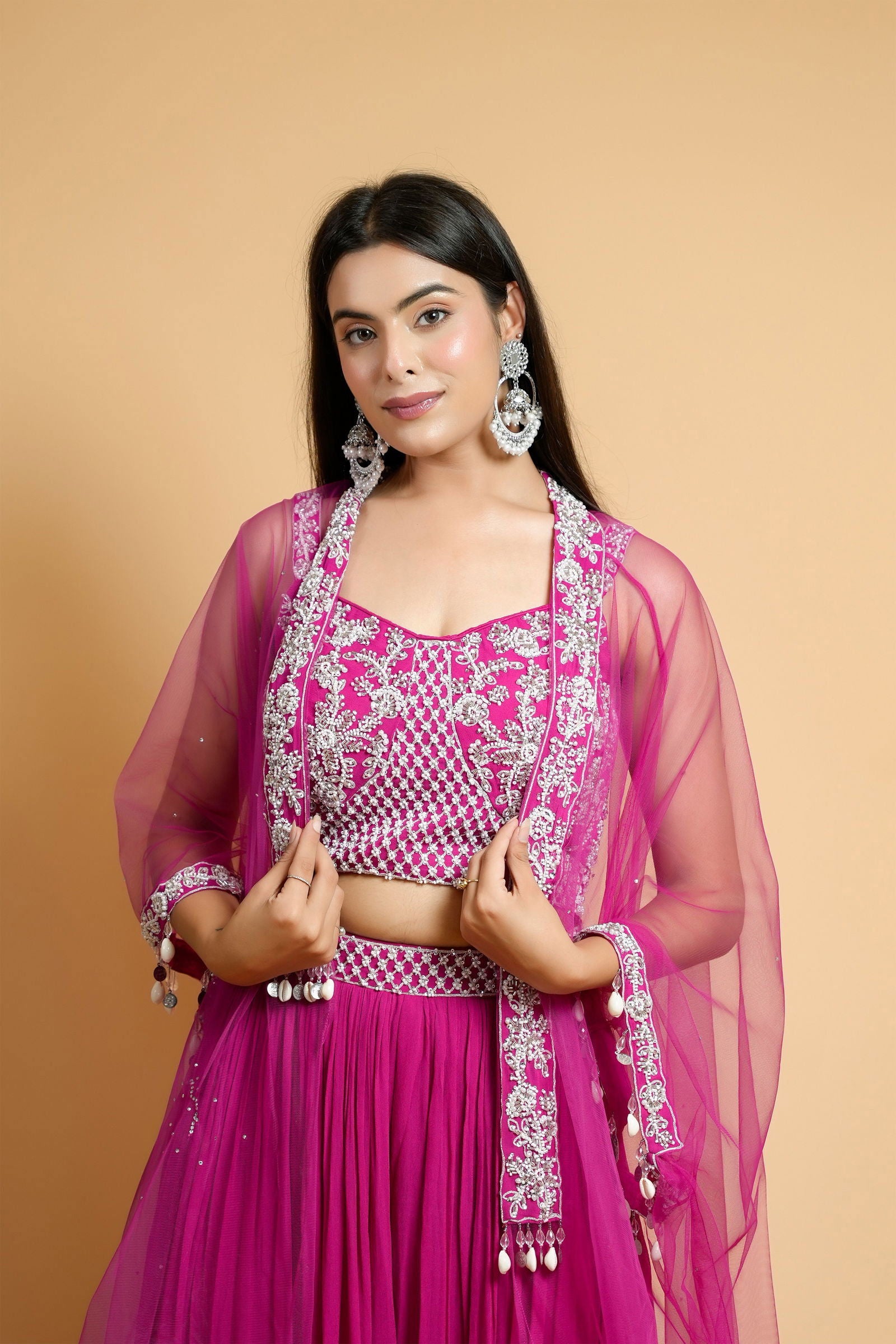 Hot Pink Georgette Crop Top with Belted Palazzo Pants and Net Shrug - Mayrake.in