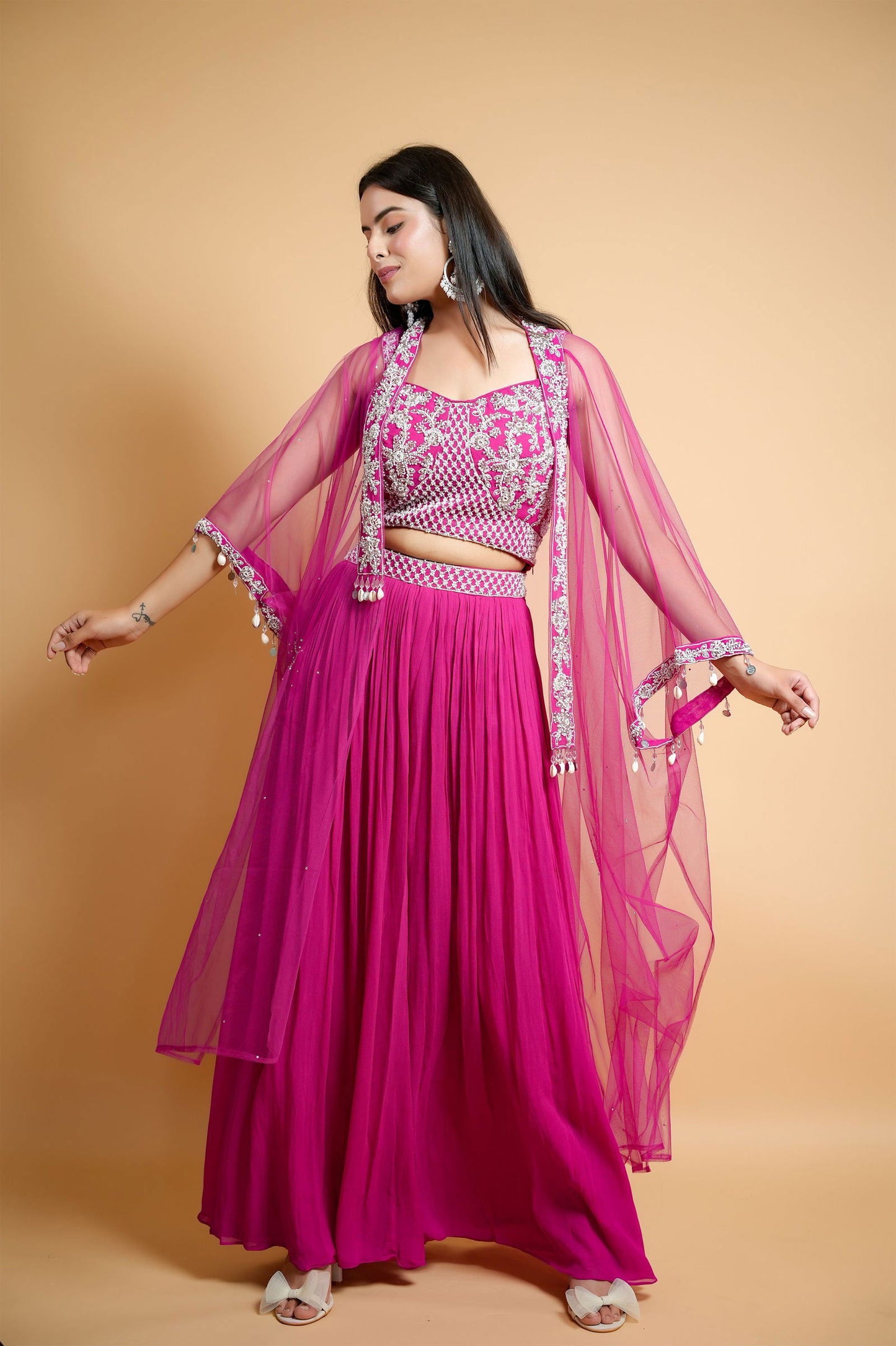 Hot Pink Georgette Crop Top with Belted Palazzo Pants and Net Shrug - Mayrake.in