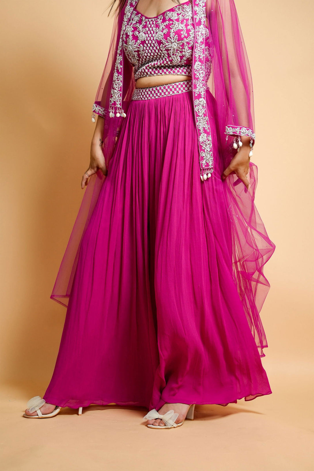 Hot Pink Georgette Crop Top with Belted Palazzo Pants and Net Shrug - Mayrake.in