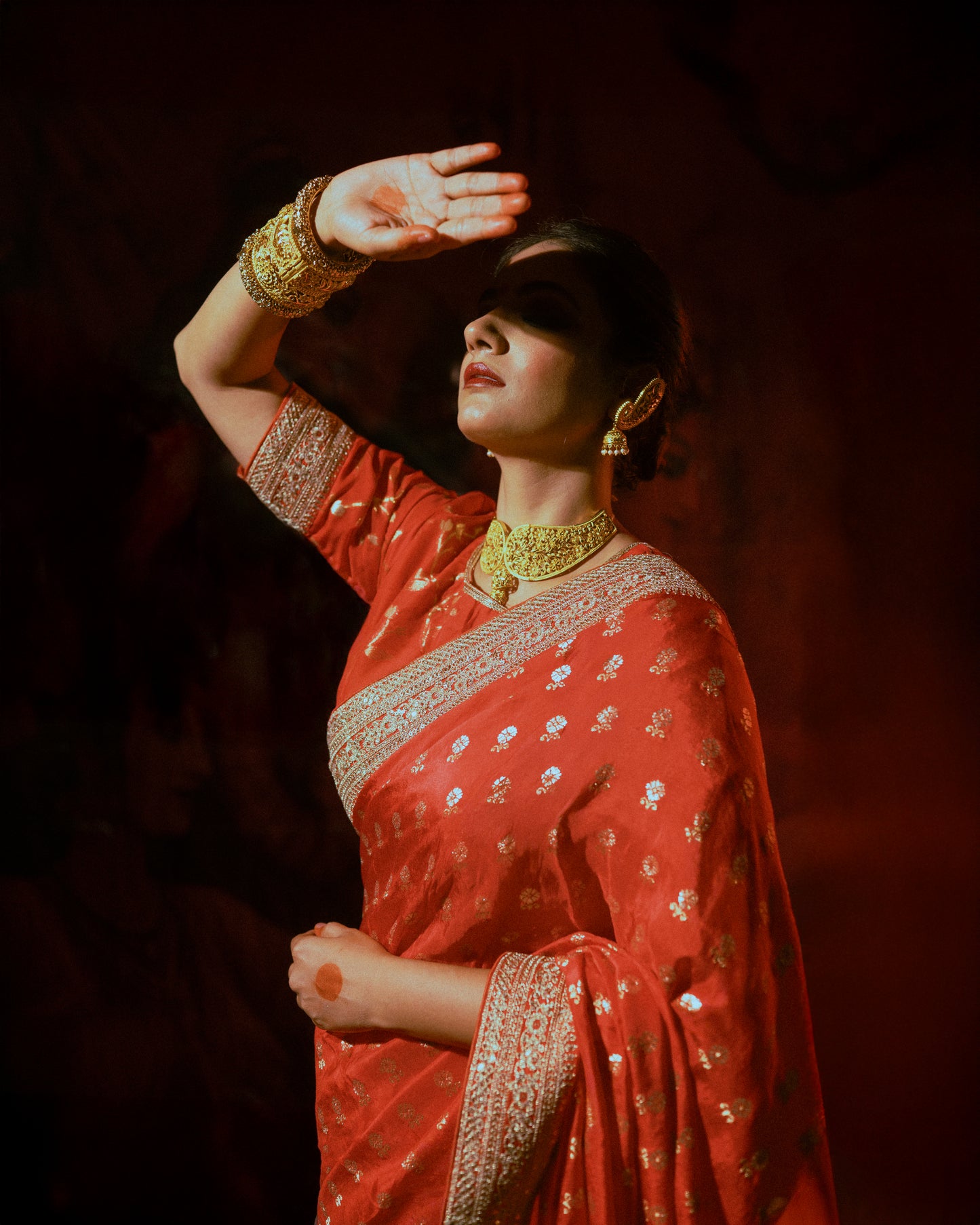 Red Silk Saree with Golden Buti Work and Rich Zari Border