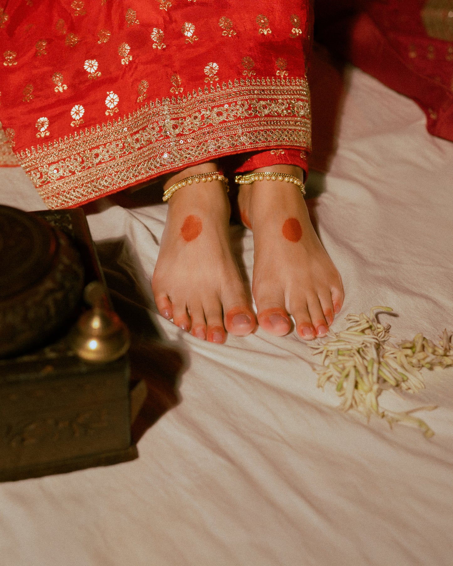 Red Silk Saree with Golden Buti Work and Rich Zari Border