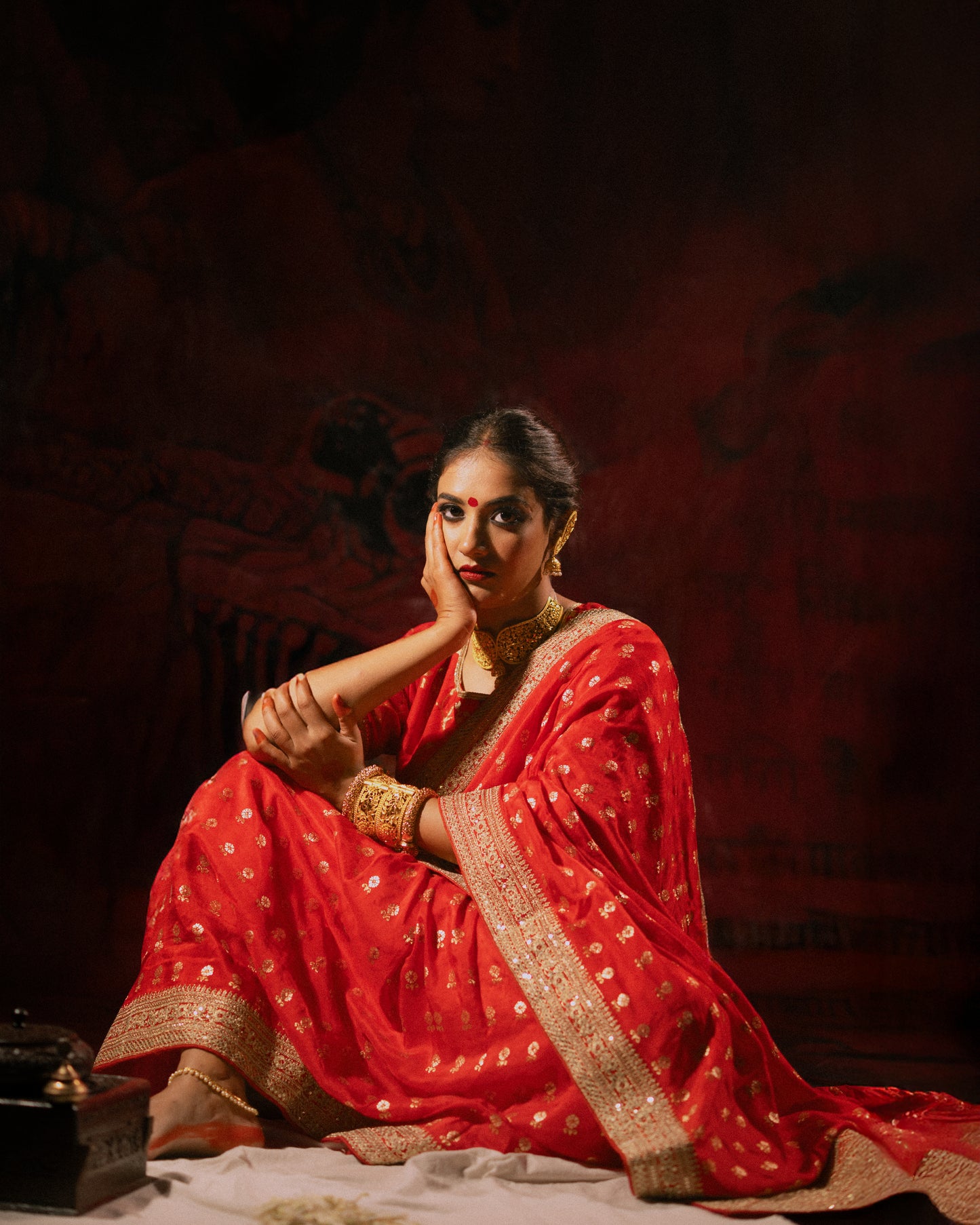 Red Silk Saree with Golden Buti Work and Rich Zari Border