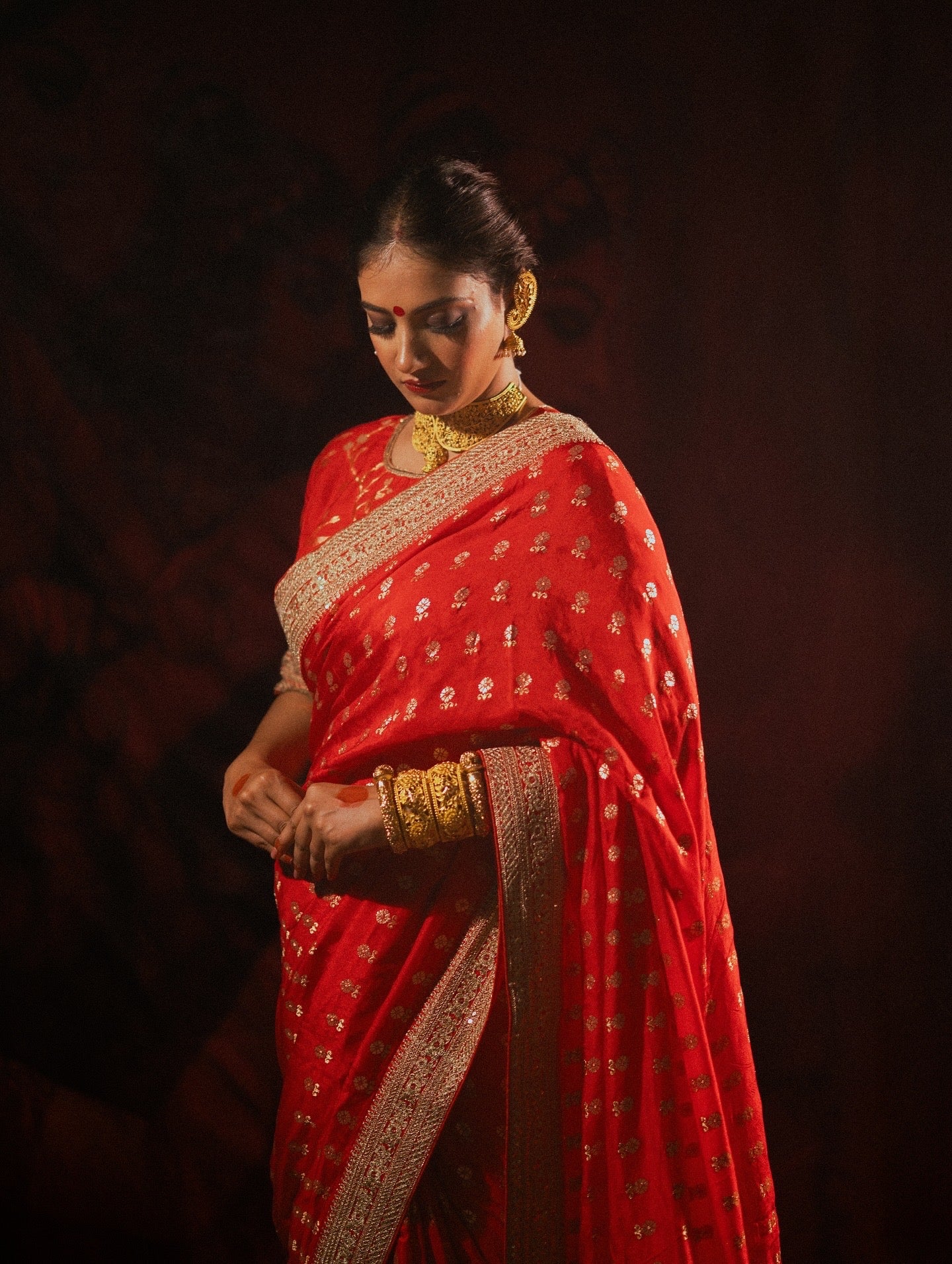 Red Silk Saree with Golden Buti Work and Rich Zari Border