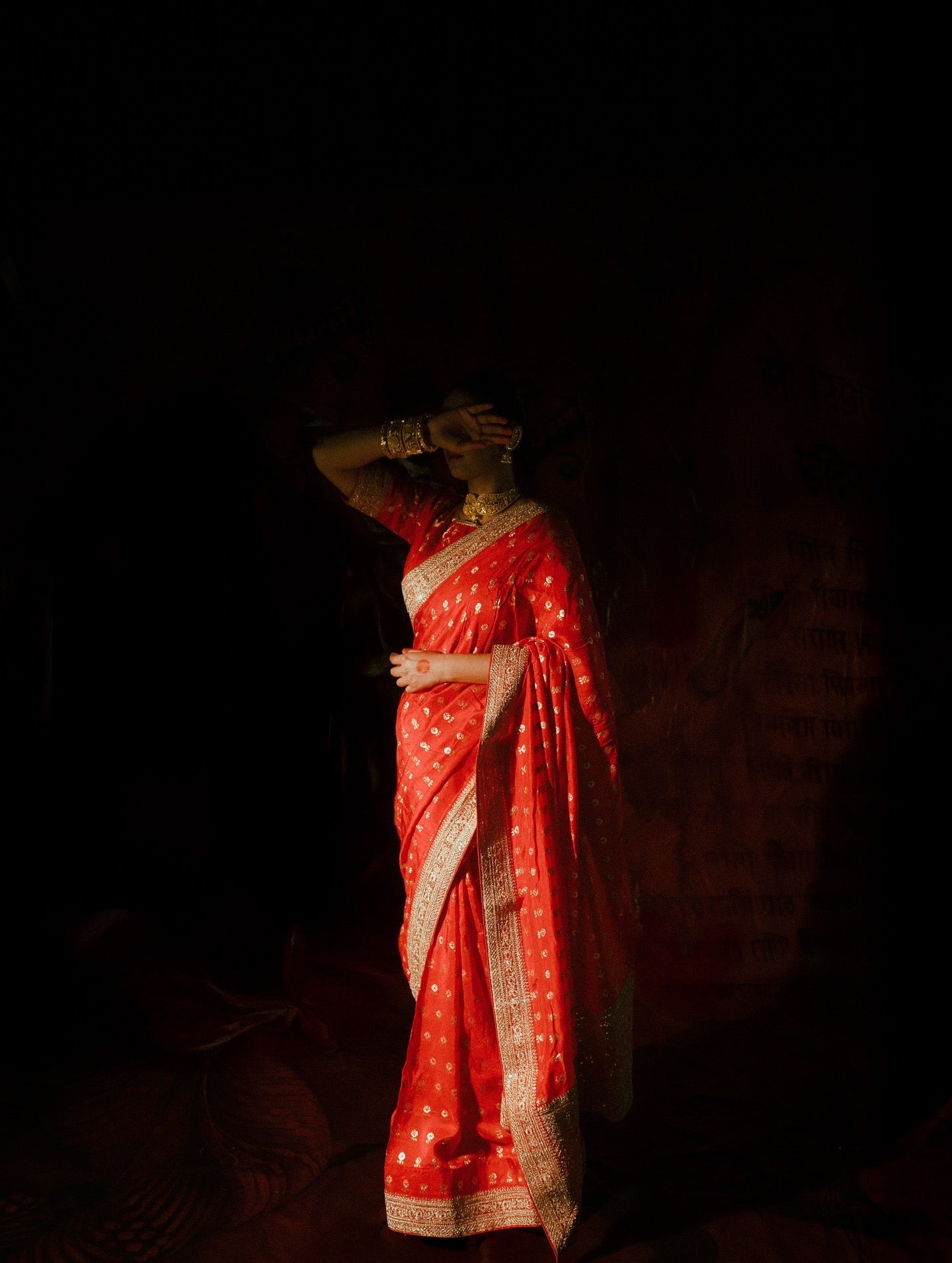 Red Silk Saree with Golden Buti Work and Rich Zari Border