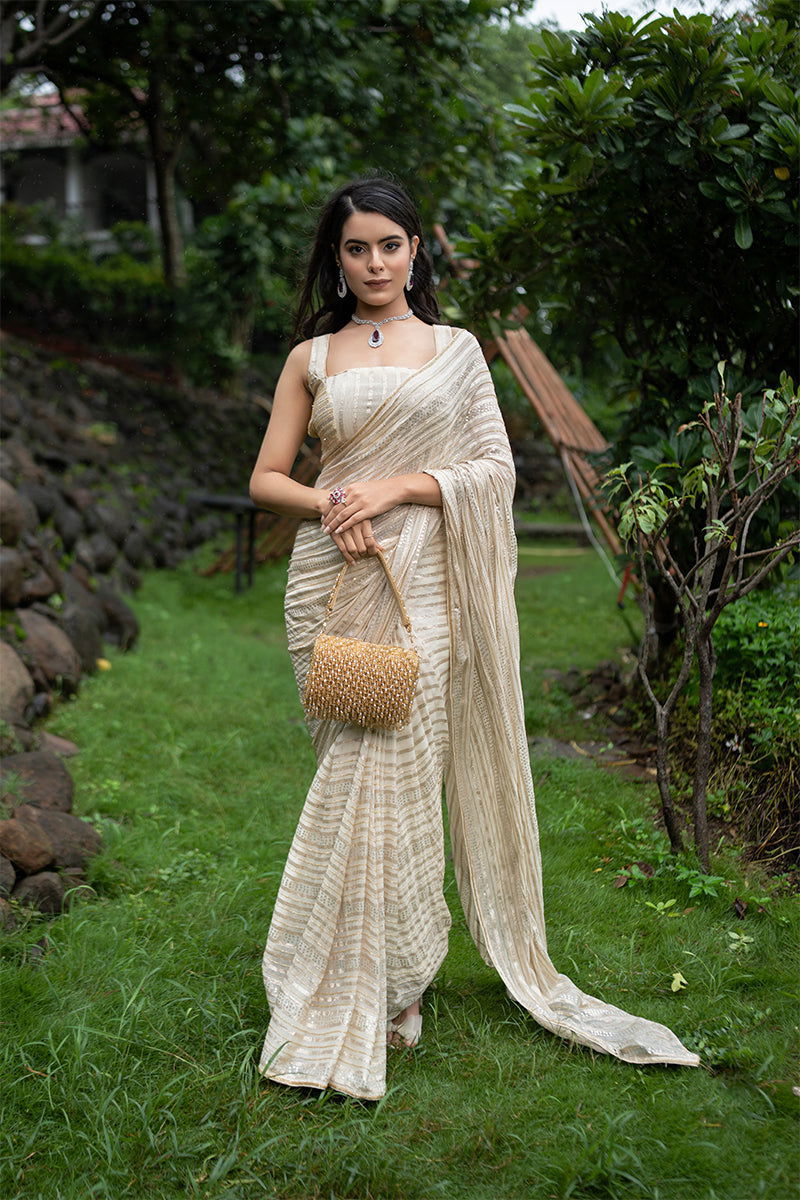 Ivory Cream Georgette Saree With Sequin Work - Mayrake.in