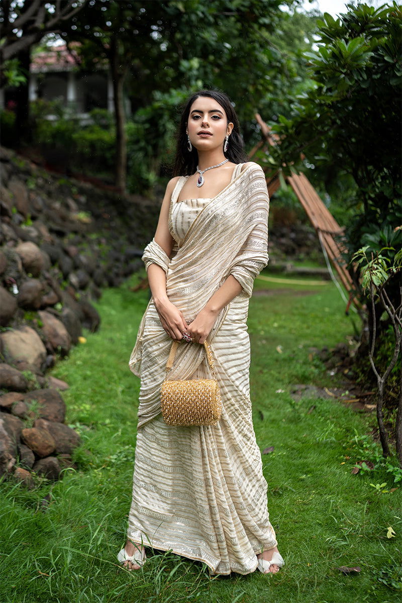 Ivory Cream Georgette Saree With Sequin Work - Mayrake.in
