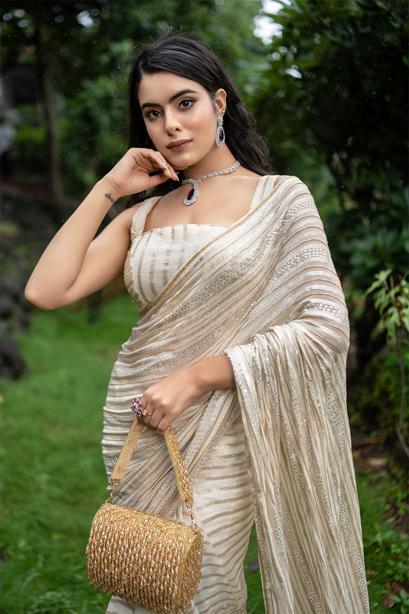 Ivory Cream Georgette Saree With Sequin Work - Mayrake.in