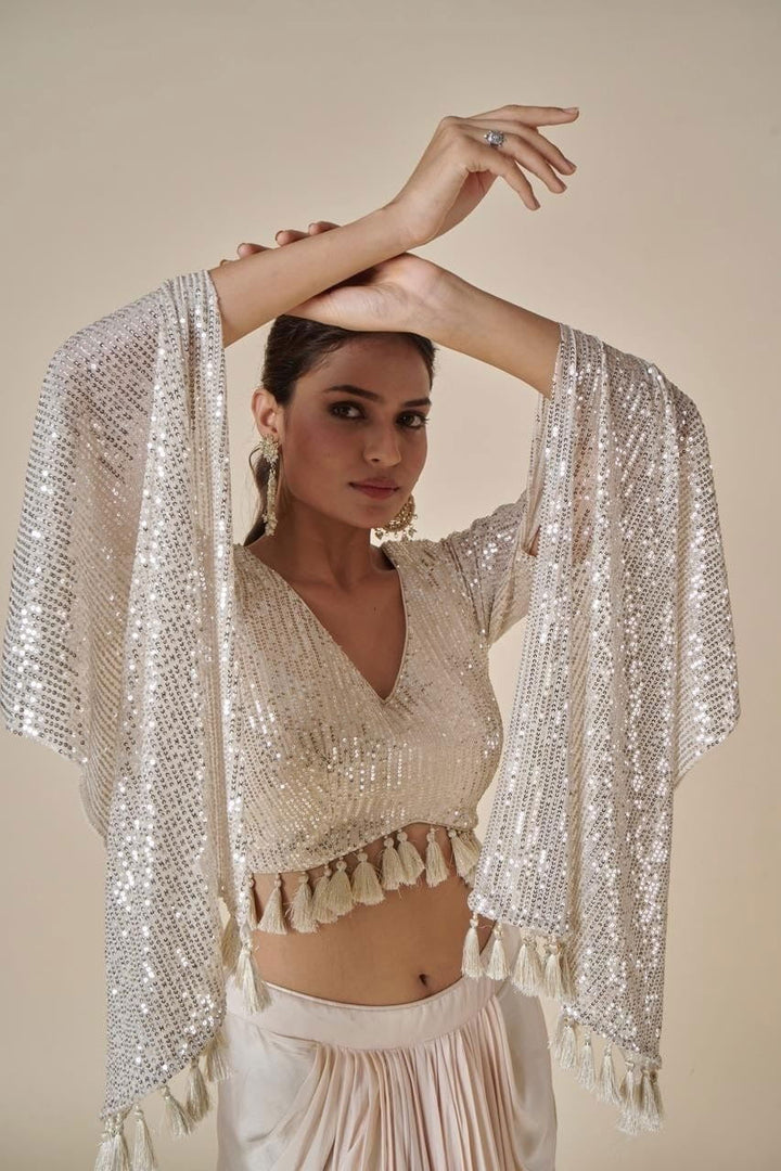 Ivory Cream Long Hanging Sleeves Top with Dhoti Pleated Skirt - Mayrake