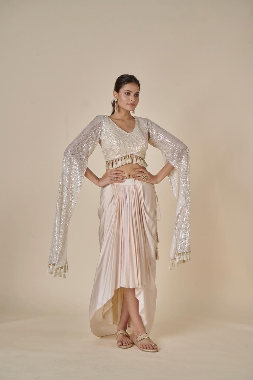 Ivory Cream Long Hanging Sleeves Top with Dhoti Pleated Skirt - Mayrake.in