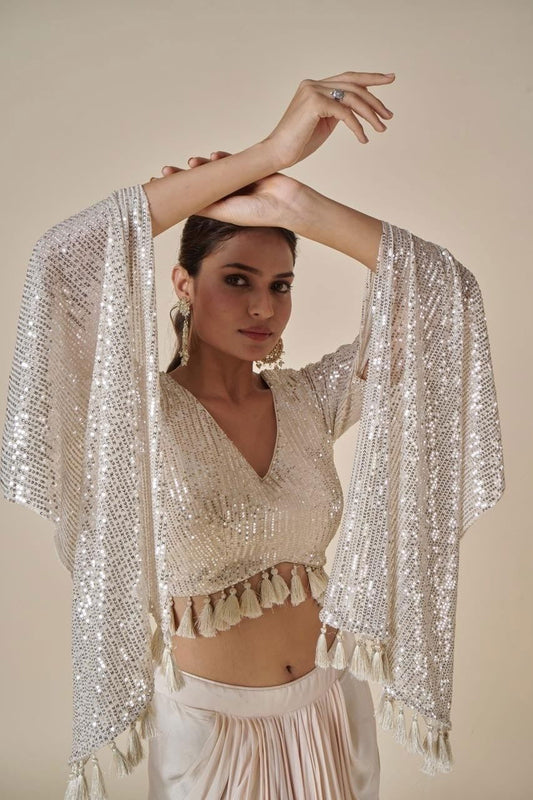 Ivory Cream Long Hanging Sleeves Top with Dhoti Pleated Skirt - Mayrake.in