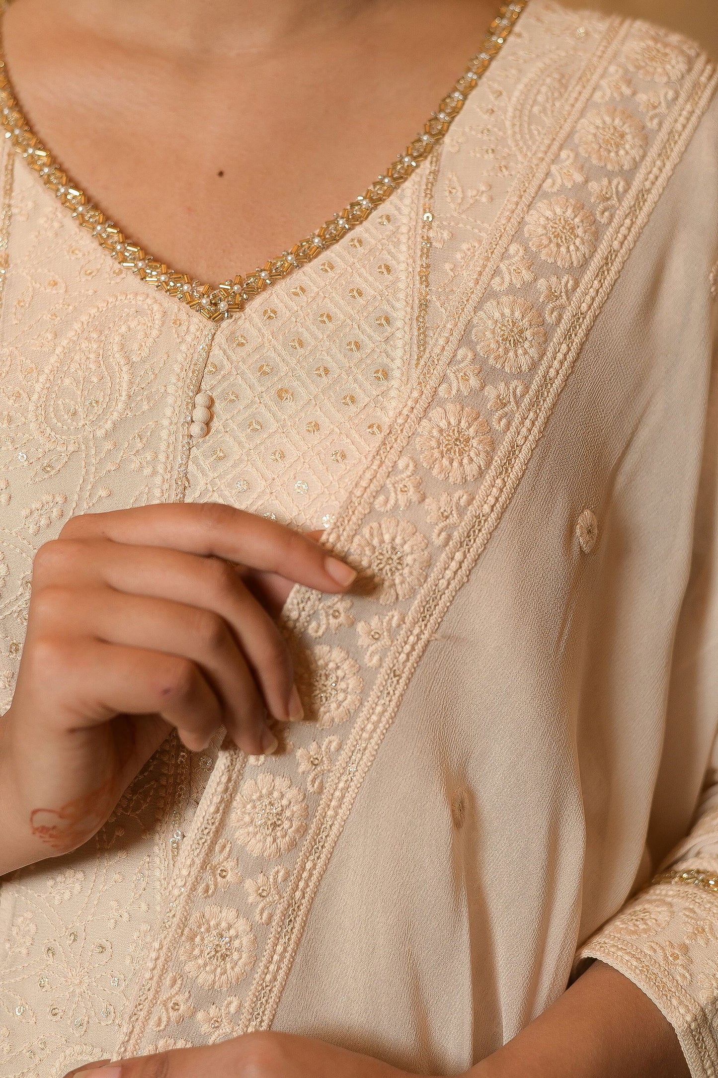 Ivory Cream Lucknowi Anarkali Kurta and Palazzo Sets - Mayrake.in