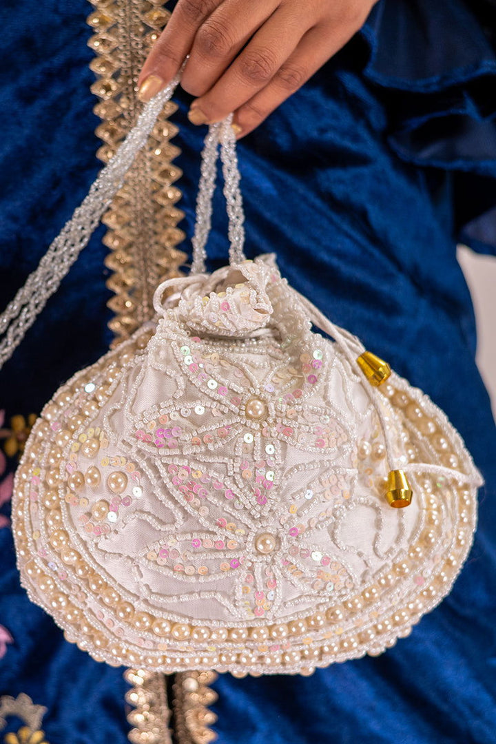 Ivory Cream Potli with Handmade Pearl and Sequin Design - Mayrake.in